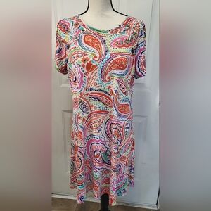 MSK Short Sleeve Colorful Comfy Paisley Print A-Line Dress Size L O-Ring Detail